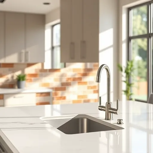 Finished modern ceramic kitchen backsplash with earthy tones in a herringbone pattern, white quartz counter and sunlight in Austin