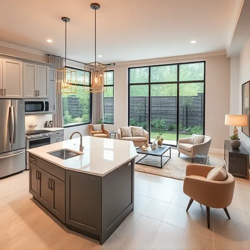 Stunning modern kitchen in Brentwood TX features gray cabinetry, white quartz island, and stainless steel appliances.