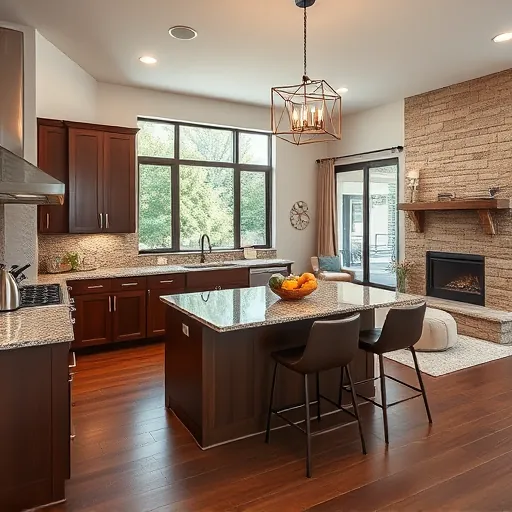 Modern kitchen remodel in Dripping Springs TX features dark wood cabinetry, granite countertops, and natural light.