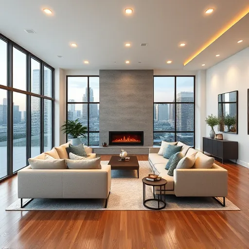 Renovated modern Austin living room with sleek furniture plush sofas panoramic Texas skyline view hardwood floors