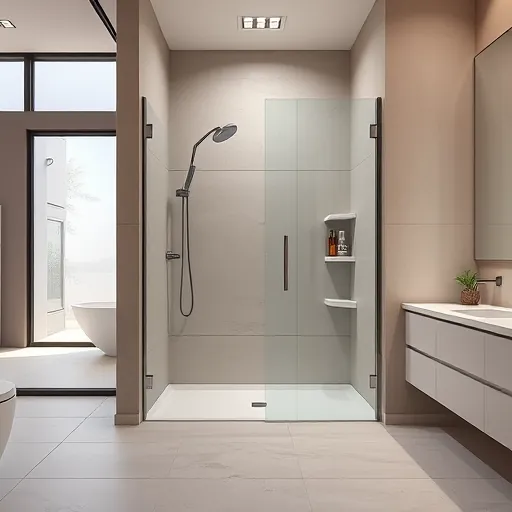 Modern walk-in shower in Austin with sleek tiles, frameless glass, rainfall head, built-in niches, and minimalist design