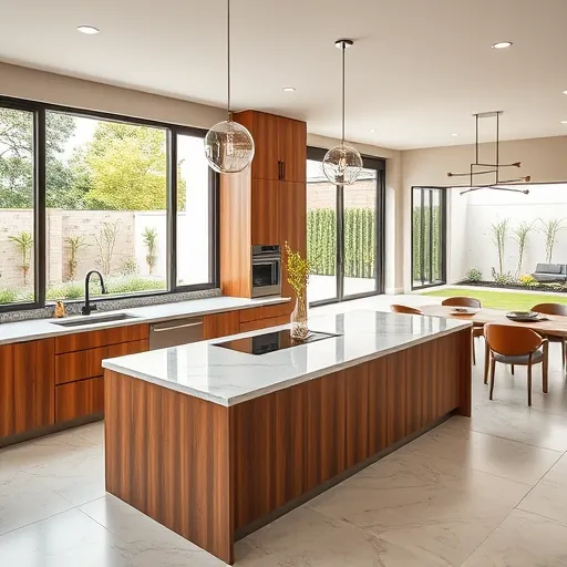 Luxury Austin kitchen with natural wood cabinets, marble countertops, stainless appliances, large island, and lush garden view