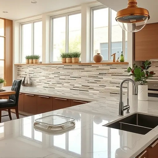 Stylish Austin kitchen with sleek tile backsplash featuring natural stone and glass, flawless grout, and modern design