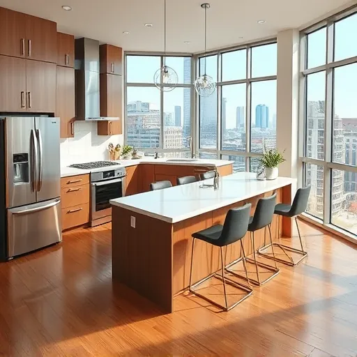 Remodeled kitchen in Austin with modern cabinetry, quartz countertops, and stainless steel appliances, featuring city skyline views.