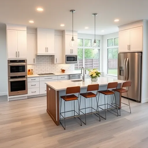 Renovated Sunset Valley kitchen with white matte cabinets, natural wood accents, quartz countertops, stainless steel appliances, and a landscaped outdoor view