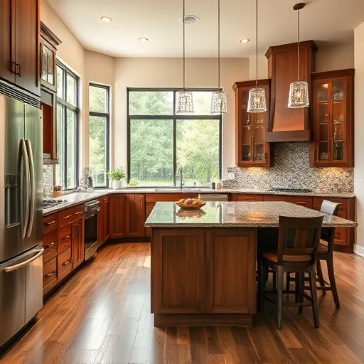 Modern kitchen remodel in Rollingwood TX with stainless steel appliances, wood cabinets, granite island, and natural light.