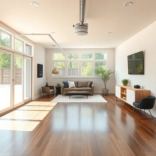 Modern garage conversion in Austin with polished wood floors, neutral walls, natural light, contemporary decor, and stylish functional space