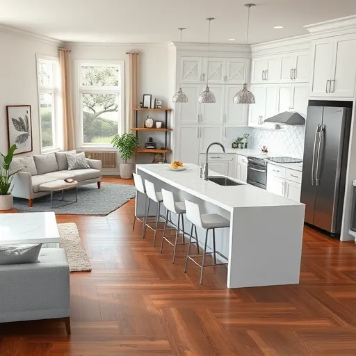 Modern kitchen remodel in Hyde Park TX with stainless steel appliances, quartz countertops, and cozy living area.