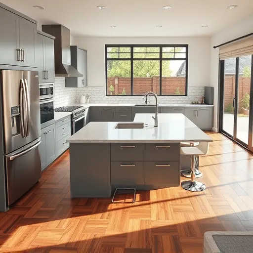 Modern Austin kitchen with matte gray cabinets stainless steel appliances quartz countertops hardwood floors and large windows
