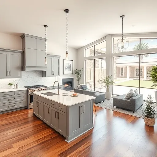 Modern open-concept home remodel in Cedar Valley, TX features custom gray cabinetry and a bright, inviting living space.