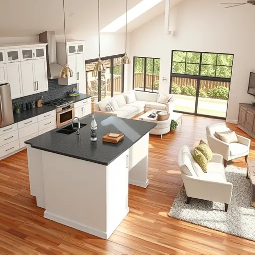 Modern kitchen and open living area in Tarrytown TX with sleek cabinets, granite countertops, and natural light.