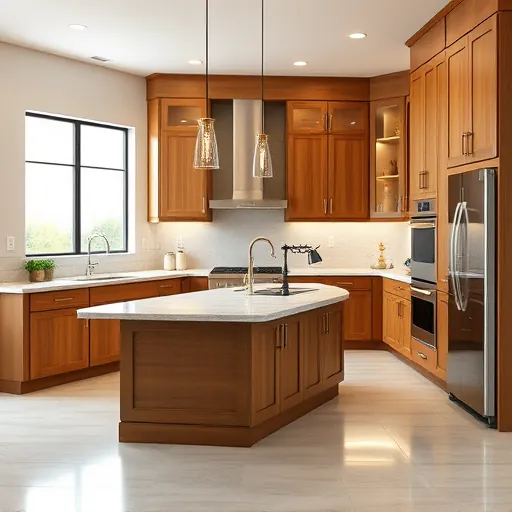 Renovated Holly Texas kitchen with modern wood cabinets stainless steel appliances granite island backsplash large window tiled floor and organized decor