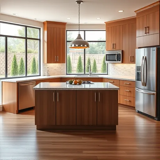 Remodeled Sunset Valley TX kitchen with modern wood cabinets stainless steel appliances granite island natural light lush backyard
