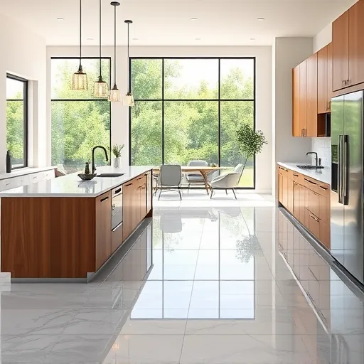 Renovated Circle C Ranch TX kitchen with quartz countertops stainless steel appliances warm wood cabinets central island pendant lighting porcelain floors lush outdoor view