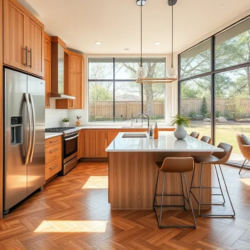 Remodeled Falconhead Texas kitchen with warm wood cabinets stainless steel appliances marble island hardwood floors and natural light
