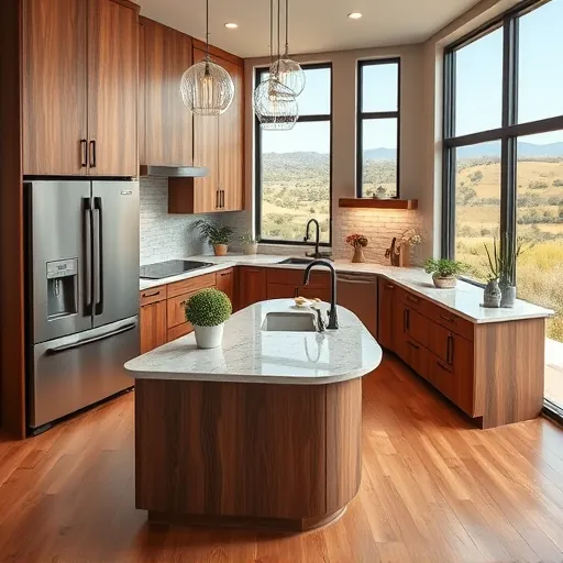 Completed modern kitchen in Wimberley Texas with wood accents, granite counters, stainless appliances, and oak floors