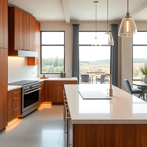 Remodeled kitchen in Lost Creek TX with modern wood cabinetry, quartz island, and stylish neutral backsplash.