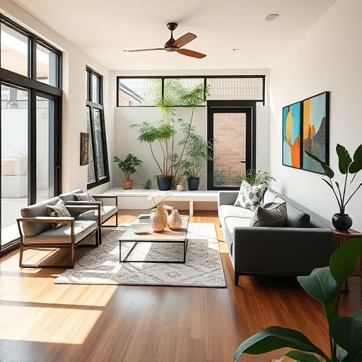 Home remodeling in East Cesar Chavez TX featuring a stylish living room with modern decor and local mural art.
