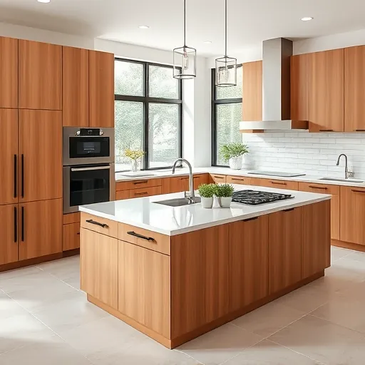 Renovated Austin kitchen with wood cabinetry, quartz island, high-end appliances, and modern decor in bright space.