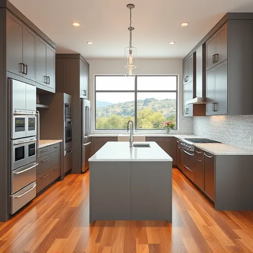Renovated kitchen in Dripping Springs TX with modern cabinetry, granite countertops, island, and natural light views.
