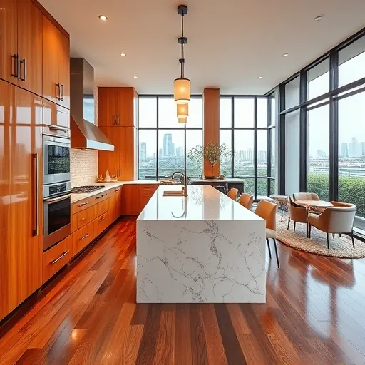 Luxurious Austin kitchen with modern glossy wood cabinets, marble island, stainless steel appliances, hardwood floors, and city views