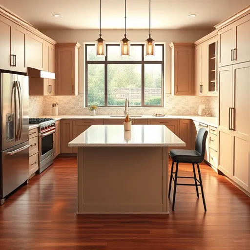 Remodeled modern kitchen with matte cabinetry stainless steel appliances quartz island mosaic backsplash hardwood floors and large backyard window