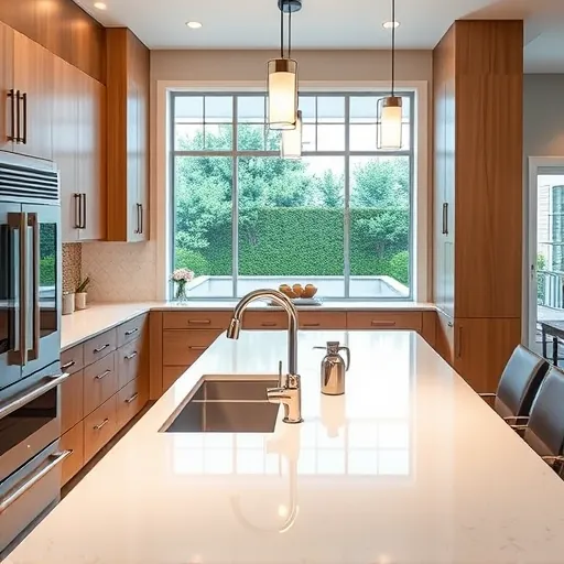 Remodeled Brentwood TX kitchen with warm wood cabinets stainless steel appliances quartz island pendant lighting and natural light