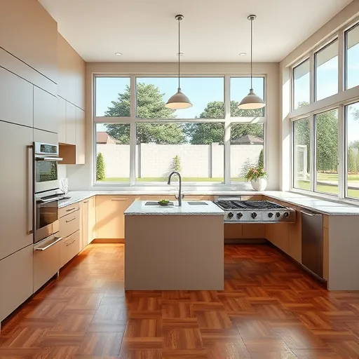 Recently remodeled modern kitchen in West Lake Hills TX with warm neutral cabinetry granite countertops stainless steel appliances hardwood floors and spacious island with double oven and view of landscaped backyard