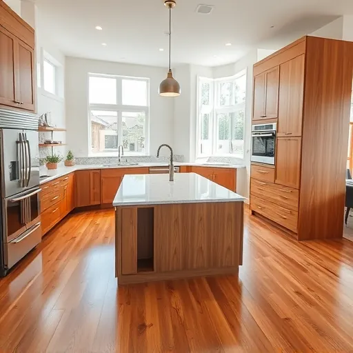 Renovated modern kitchen in Rough Hollow TX with quartz countertops stainless appliances wooden cabinets marble island and hardwood floors