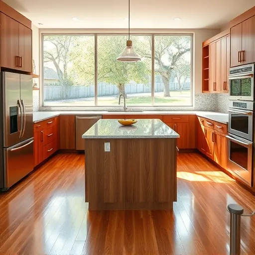 Renovated Holly TX kitchen with granite counters stainless appliances wooden cabinets natural sunlight hardwood floors and lush backyard views