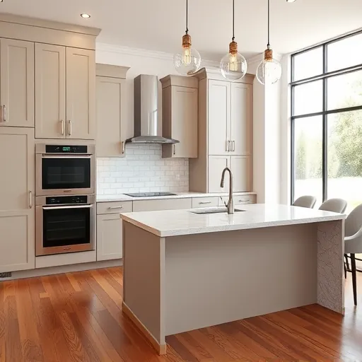Remodeled Bee Cave kitchen with matte cabinets granite countertops farmhouse sink island hardwood floors and natural daylight