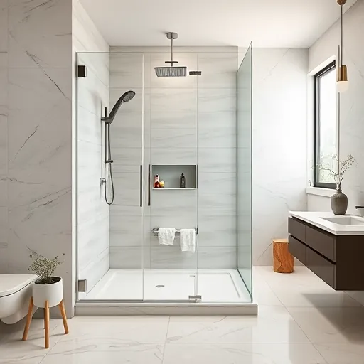 Modern high-end Austin bathroom with a sleek walk-in shower featuring frameless glass doors, rainfall showerhead, and neutral-toned porcelain tiles