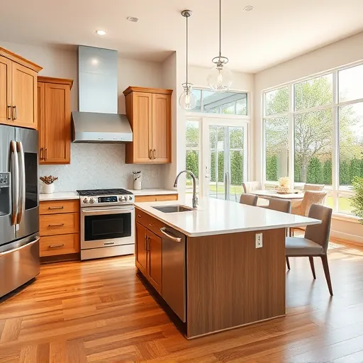 Remodeled Belterra TX kitchen with quartz countertops stainless steel appliances custom wood cabinetry and large windows