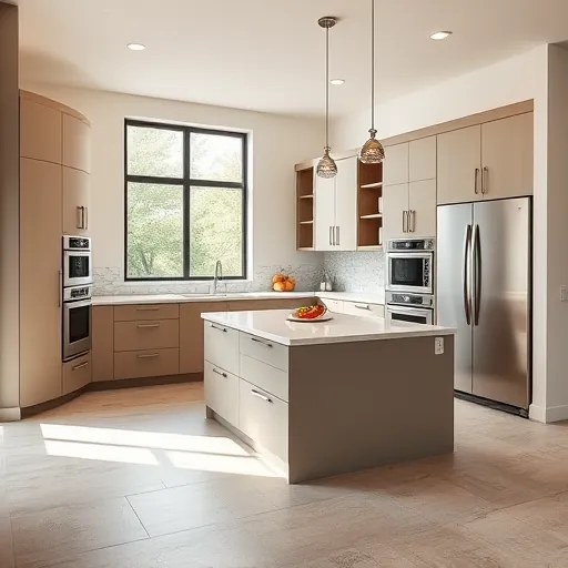 Modern kitchen remodeling in Allandale TX with sleek matte cabinetry, quartz island, stainless steel appliances, pendant lighting, large windows, and textured tile flooring