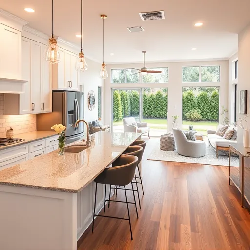 Completed home remodeling in Windsor Park TX featuring a modern kitchen with white cabinetry, granite countertops, and stainless steel appliances.