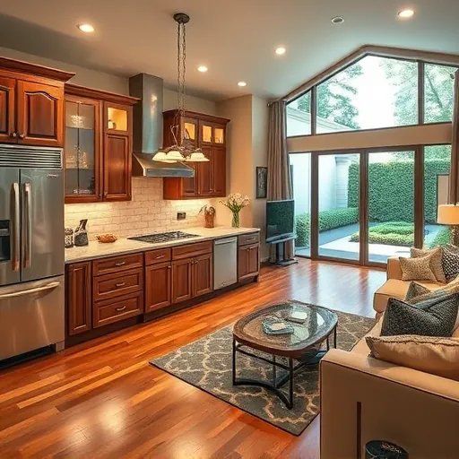 Renovated kitchen and living area in Lakeway TX showcasing high-end appliances, elegant quartz counters, and natural light.