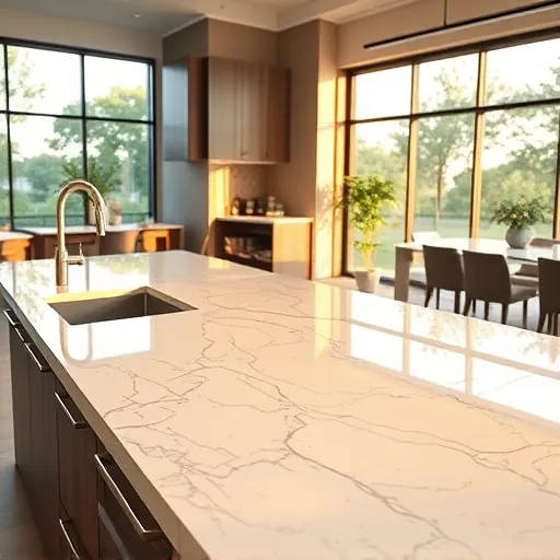 Flawlessly installed quartz countertop in a modern Austin kitchen featuring veined surface, sleek cabinetry, natural daylight.