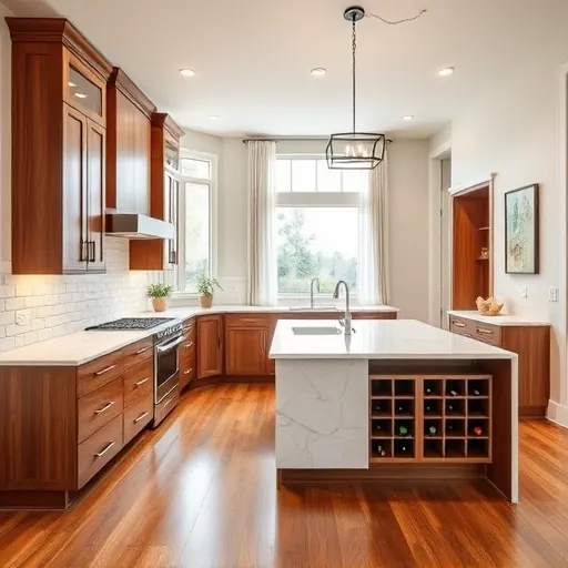 Recently remodeled Lakeway TX modern kitchen with quartz countertops, marble island, stainless steel appliances, warm wood cabinets, and natural light