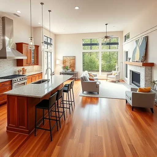 Modern kitchen and living area in Clarksville TX with granite countertops, stainless steel appliances, and natural light.