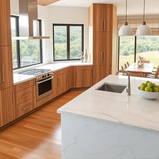Renovated Wimberley Texas kitchen with natural wood cabinets marble countertops large island stainless steel appliances and lush outdoor views