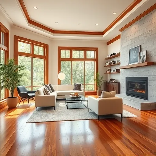 Elegant living room in Buda TX with high ceilings, modern decor, energy-efficient windows, and polished wood flooring.