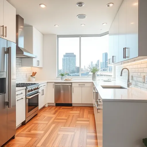Renovated Austin kitchen with quartz countertops, stainless steel appliances, spacious layout, and cityscape view.