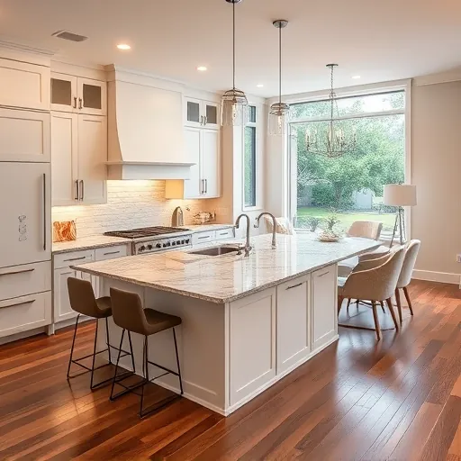 Inviting kitchen remodel in Lakeway TX with modern cabinetry, granite countertops, and airy open layout illuminated by natural light.