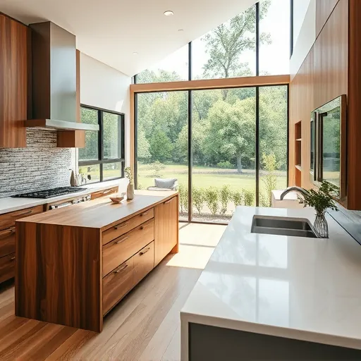 Recently remodeled Driftwood TX kitchen with quartz countertops stainless steel appliances a wooden island mosaic backsplash and large windows