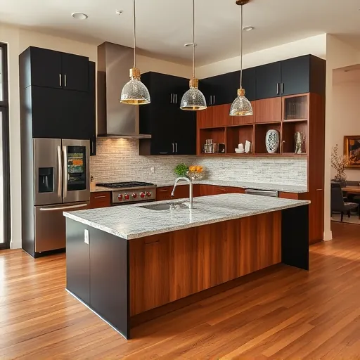 Modern remodeled kitchen in Manchaca TX with black and wood cabinetry granite countertops stainless steel appliances and large windows