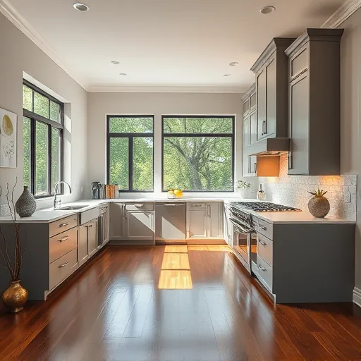 Elegant kitchen remodel in Volente TX features custom cabinetry, large island, stainless appliances, and ambient lighting.