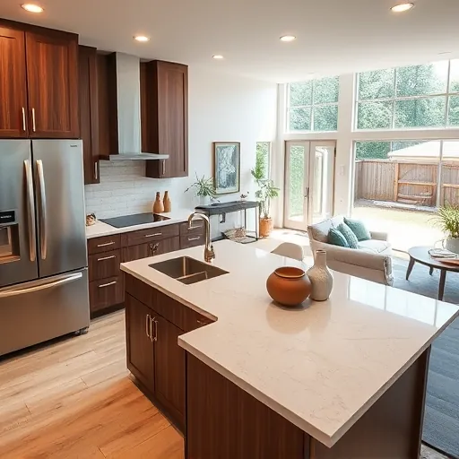 Modern kitchen remodel in Sweetwater TX with walnut cabinetry, quartz countertops, and inviting open floor plan.