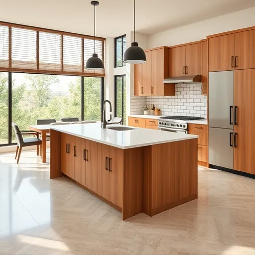 Completed modern kitchen in Bouldin Creek TX with quartz countertops, black hardware, natural wood cabinets, island, stainless steel appliances, ceramic tiles, and lush greenery outside