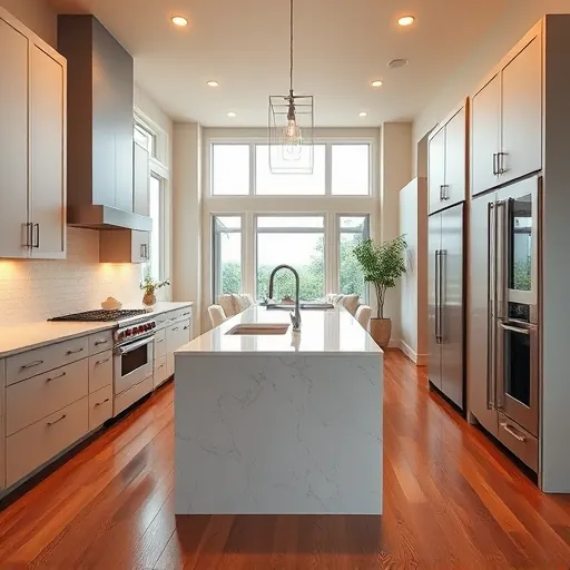 Remodeled Rough Hollow TX kitchen with matte cabinetry stainless steel appliances marble island subway tile hardwood flooring and modern decor
