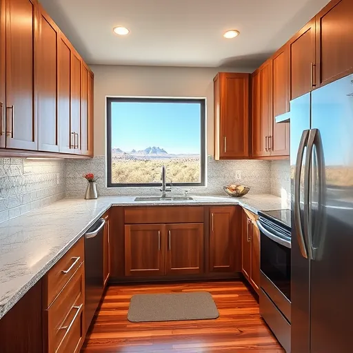 Renovated Sweetwater Texas kitchen with granite countertops, wooden cabinets, stainless steel appliances, desert view window